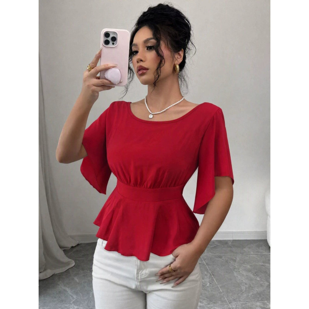 ZARA Elegant Solid Color Bell Sleeve Cinched Waist Blouse For Women
